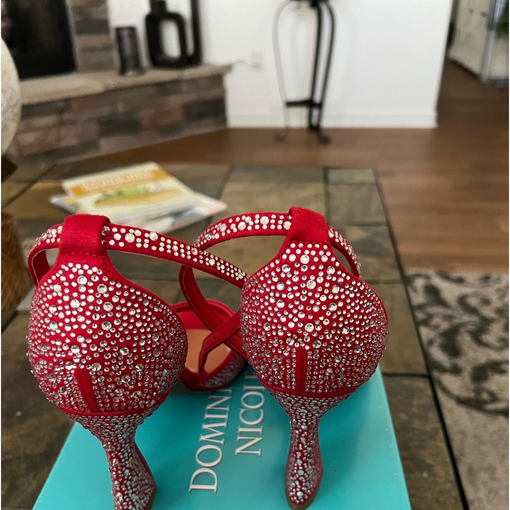 Sequins open toe red pumps